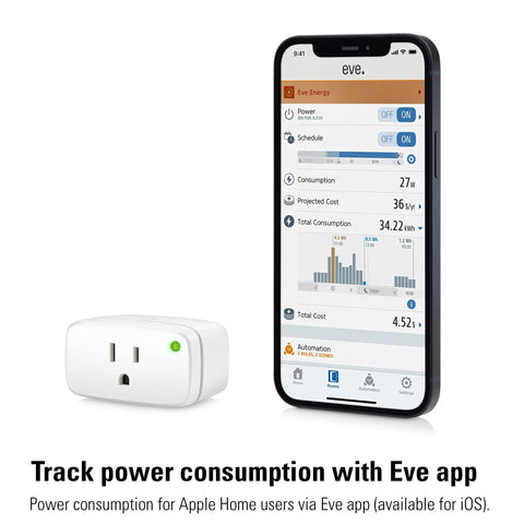 Matter Over Thread Smart Plug Pack With App And Voice Control next to smartphone screen displaying energy consumption.
