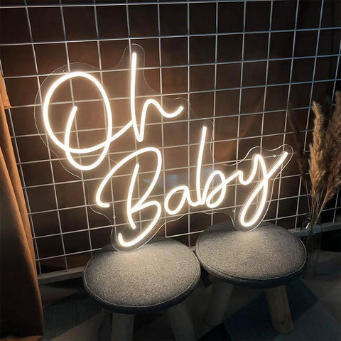 Dimmable LED Neon Sign With Transparent Acrylic Backplate, warm white neon "Oh Baby" sign, waterproof silicone LED strips