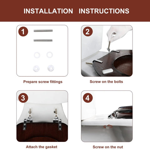 Installation guide for Durable Wood Veneer Toilet Seat With Metal Hinge, Easy Clean And Anti Scratch, Round Size In Dark Walnut Finish.
