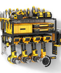 Heavy Duty Pro Grade Power Tool Organizer Wall Mount With Four Drill Holders And A Three Tier Steel Rack For Drills And Cordless Tools Garage Storage For Workshop Or Shed Easy Install With Mounting Hardware Supports Up To 150 Lbs. with tools displayed