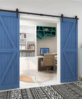 Heavy Duty Bypass Sliding Barn Door Hardware Kit For Double Doors With Single Track Carbon Steel Black Powder Coated