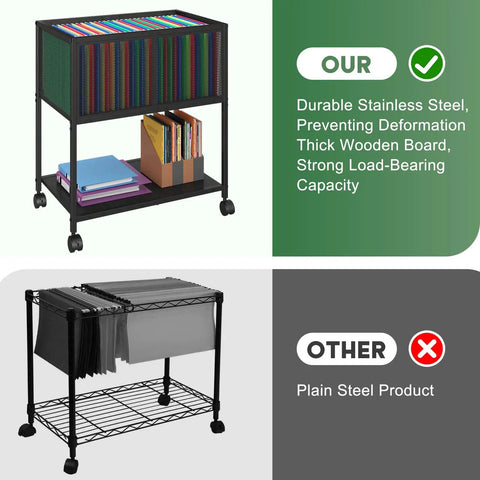 Comparison of two file carts; top features rolling file cart with wheels for hanging folders mobile metal file cabinet on casters that fits letter size durable black home office organizer for papers and documents keeps your desk tidy, bottom shows plain steel product.