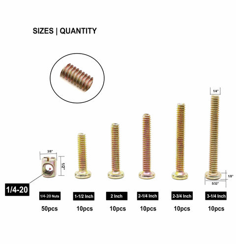 Crib Screws Hardware Replacement Kit For Cot Chairs And Furniture 100 Pieces Of 1/4-20 Bolts And Barrel Nuts Sizes Quantity
