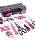 Pink 40-Piece All-Purpose Tool Kit For Home Garage Office And Dorm Use With All The Essentials For DIY Projects, Quick Furniture Assembly, Picture Hanging And Everyday Repairs laid out showing tools with pink accents next to black case
