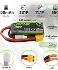 Image showing 3S 11.1V 2200mAh LiPo Battery 35C Burst 70C With XT60 Connector for RC airplanes, quadcopters, soft case details.