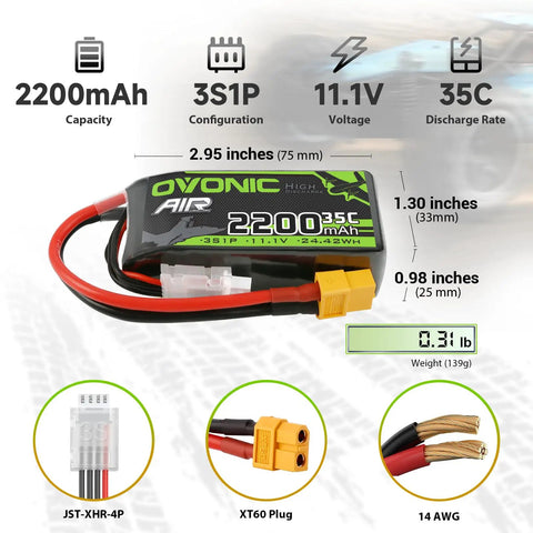 Image showing 3S 11.1V 2200mAh LiPo Battery 35C Burst 70C With XT60 Connector for RC airplanes, quadcopters, soft case details.