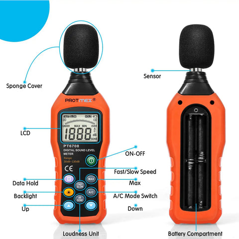 PT6708 Sound Level Meter Digital Decibel Reader 30 To 130 dB Range With Large LCD Screen, front view and back view with battery compartment