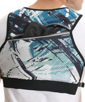 Back view of hands free hydration pack chest rig for running and fastpacking, showing secure front zipper pocket on lightweight tactical vest.
