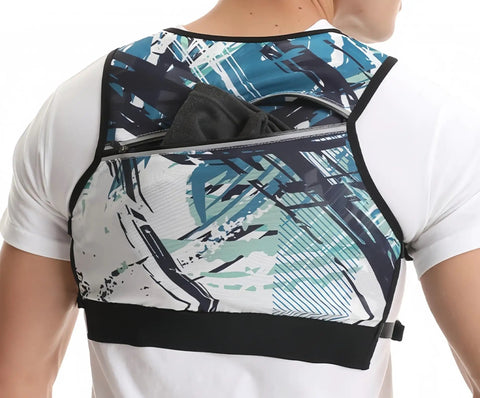 Back view of hands free hydration pack chest rig for running and fastpacking, showing secure front zipper pocket on lightweight tactical vest.