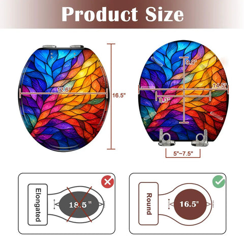Round Colorful Stained Glass Effect Abstract Leaf Radiant Toilet Seat size comparison, dimensions for round model 16.5 inches.