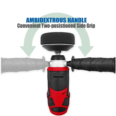 12V Cordless Car Buffer And Drill Driver Kit With 3 Inch Mini Polisher, two-hand grip detail, side view