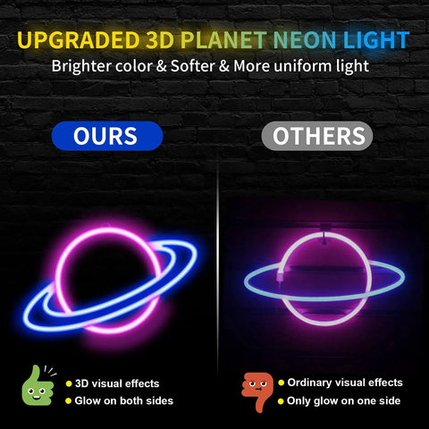 Comparison of Planet Neon Sign LED Neon Light Sign For Wall Decor USB Powered Aesthetic Neon Signs showing 3D vs flat glow effect.
