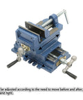 Rock Solid Cast Iron Cross Slide Vise Delivering Sick X Y Compound Glide For Your Drill Press And CNC Milling Rig No Sweat Heavy Duty 4 Inch Benchtop Clamp In Blue, showing adjustable movement features.
