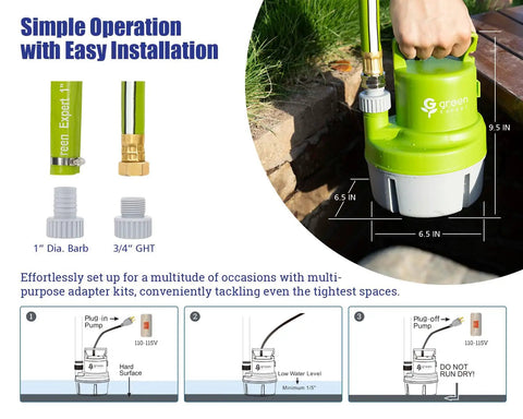 Handy Submersible Utility Water Pump One Sixth HP With 25 Ft Power Cord, easy installation demonstration and adapter details.