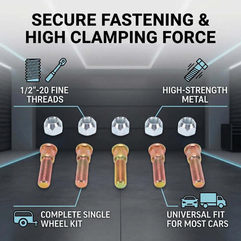 Hot Rodding Complete Wheel Studs Kit For 5 Lug Cars featuring 1/2 In-20 Thread, Fits Trailer Hubs With Heavy Duty Lug Nuts And Bolts For Ultimate Grip. 5 lug studs and nuts shown