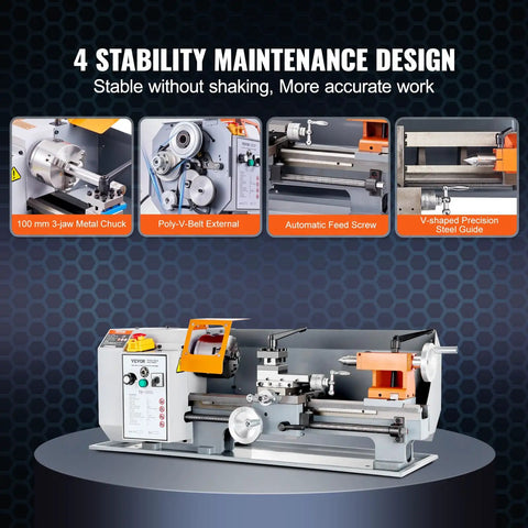 Precision Benchtop Metal Lathe 7 X 14 Inch With 0-2200 RPM Variable Speed And 500W Brush Motor, stability design features