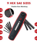 Folding 17 Piece Allen Wrench Set with SAE and Metric Hex Keys showing 9 SAE sizes and Cr-V steel material.