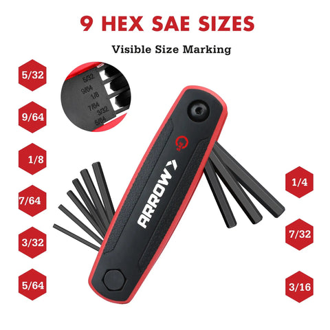 Folding 17 Piece Allen Wrench Set with SAE and Metric Hex Keys showing 9 SAE sizes and Cr-V steel material.