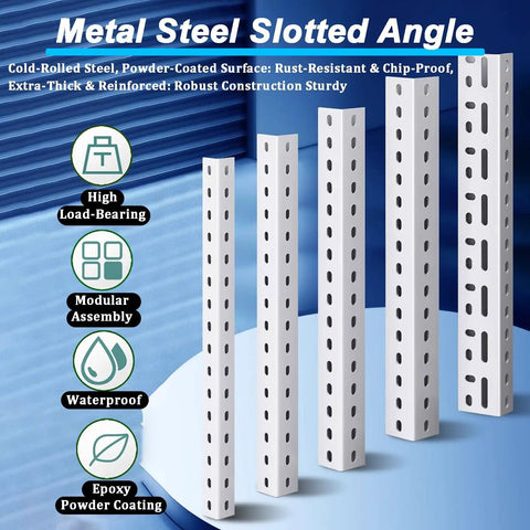 Metal Steel Slotted Angle showcasing heavy duty L shaped steel brackets with wide slotted openings, rust proof, for DIY racks.