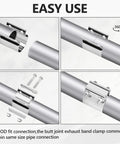 Steps showing installation of the 2.5 Inch Exhaust Clamp Set, Polished T304 Stainless Steel Butt Joint Seal Band Sleeve Coupler, Ideal For Car Exhaust Systems.