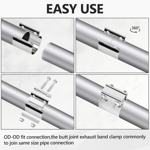 Steps showing installation of the 2.5 Inch Exhaust Clamp Set, Polished T304 Stainless Steel Butt Joint Seal Band Sleeve Coupler, Ideal For Car Exhaust Systems.