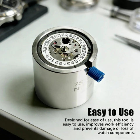 Stainless Steel Watch Movement Holder With Fixed Jaw Non Adjustable Base showcasing detailed view with SKX007 mechanism inside.