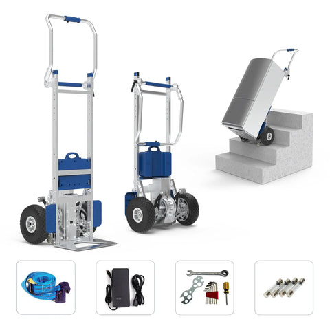 Front view of electric stair climber hand truck by Amazon; silver aluminum frame with blue accents; two units shown