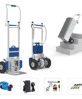 XSTO ZW7210GC Electric Stair Climber Hand Truck Cart with tools and accessories, used for lifting heavy items up stairs.
