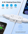 Compact 360 Rotating Flat Plug Power Strip With 5 Foot Cord, Four Widely Spaced Outlets, Heavy Duty Surge Guard, Wall Mountable Slim Body That Crushes Wire Clutter, Perfect For Tight Squeezes And Dorm Digs, Matte White, showing four AC outlets and two USB-C ports.