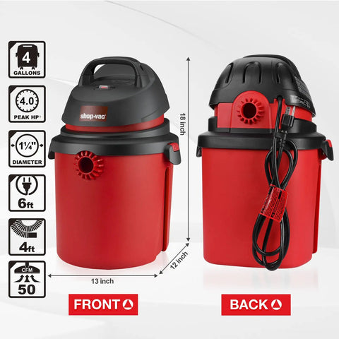 4 Gallon 4.0 Peak HP Wet Dry Shop Vacuum Grab-and-Go Portable With Wall Mount, shown front and back view