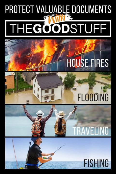Fireproof Document Box For Legal Docs Passports Cash And Contracts Up To 2000 Fahrenheit 5 By 11 By 3.5 Inches Keeps Your Notebooks, Binders, And Folders Safe And Ready For Home Office Use banner showing protection during fires, floods, travel, and fishing.