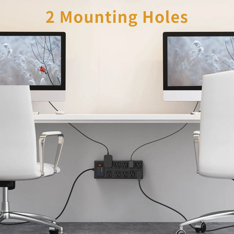 Heavy Duty Power Strip Surge Protector With 10 Wide Outlets And 4 USB Ports 1875W 15A mounted under desk in office.