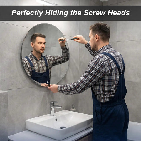 Man installing Heavy Duty Mirror Screw Caps With Stainless Steel Decorative Hardware Slick Silver Covers And Copper Silicone Washers Top Shelf Furniture And Glass Sign Fittings Built Like A Tank onto a round mirror.