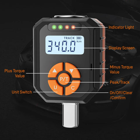 Half Inch Digital Torque Wrench Adapter Set With Buzzer And LED Indicator, 17 To 340 Newton Meters, 12.54 To 250.8 Foot Pounds, Electronic Torque Adapter For Automotive Motorcycle And Car Repair, Precision Readouts. Digital display and control buttons