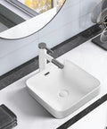 USZWBY Bathroom Vessel Sink Ceramic Washbasin Semi Recessed Bathroom Sink, square design on marble countertop with mirror.