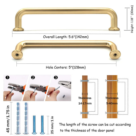 10 Pack 5 Inch Center To Center Brushed Brass Kitchen Cabinet Pulls with dimensions and installation instructions.