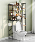 Freestanding Eight Tier Over The Toilet Storage Rack With Adjustable Shelves And Drain Basket Vintage Brown Bathroom Home Organizer near white toilet