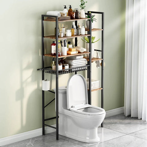 Freestanding Eight Tier Over The Toilet Storage Rack With Adjustable Shelves And Drain Basket Vintage Brown Bathroom Home Organizer near white toilet