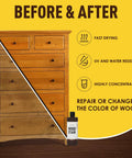Before and after comparison of furniture using Quick Drying Water Based Wood Stain In Rich Teak Hue to enhance wood color.