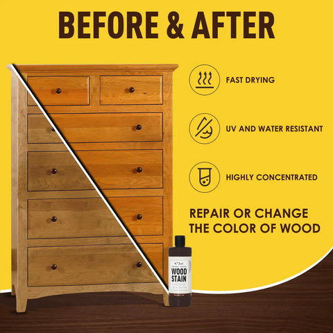 Before and after comparison of furniture using Quick Drying Water Based Wood Stain In Rich Teak Hue to enhance wood color.