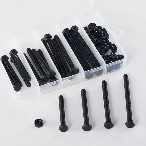 M6 Hex Head Bolts And Nuts Assortment Kit, Pro Grade 8.8 Alloy Steel Screws With Tough Black Oxide Coat, shown in plastic organizer.