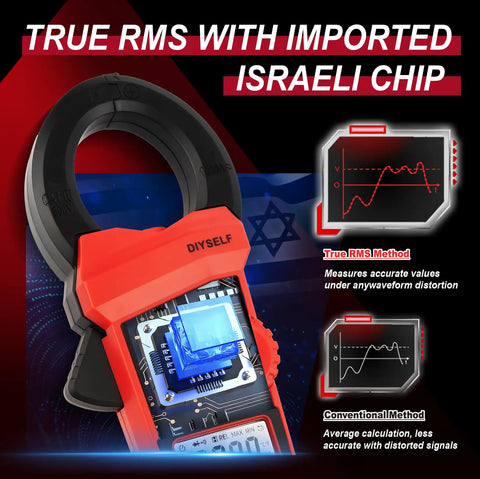 6000 Count Digital Clamp Meter With True RMS, Israeli Chip Detail, Graph Comparison, HVAC Pro Grade Multimeter Front View