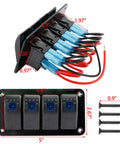 Beefy 12 To 24V Illuminated Rocker Switch Panel for Boats Cars and Marine Use, Aluminum Pre Wired with Blue LED, dimensions shown