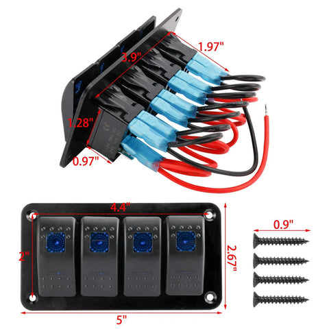 Beefy 12 To 24V Illuminated Rocker Switch Panel for Boats Cars and Marine Use, Aluminum Pre Wired with Blue LED, dimensions shown