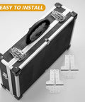 Two Pack Foldable Metal Flight Case Hinges L Shaped Heavy Duty Lid Support Brackets beside black case with handle.
