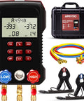 All In One HVAC Digital Manifold Gauge Kit With 112 Refrigerants, hoses, and carrying case for cars and refrigeration systems.