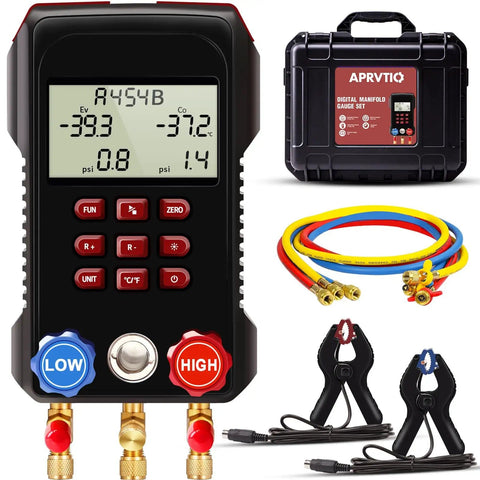 All In One HVAC Digital Manifold Gauge Kit With 112 Refrigerants, hoses, and carrying case for cars and refrigeration systems.