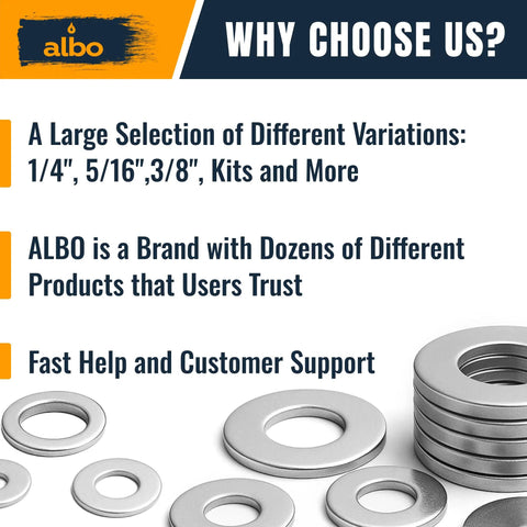 250 Piece Metric Stainless Steel Fender Flat Washers For Screws And Bolts, 304 Stainless Hardware, ALBO brand features