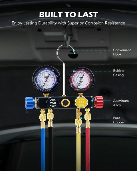 4 Way AC Gauge Set For R410a R22 R134a Refrigerant With 4 Valve Automotive Manifold and 5ft hoses displayed