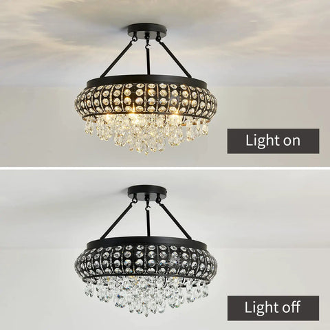 5 Light Black Crystal Round Chandelier Chic Modern Semi Flush Mount Ceiling Light Fixture For Farmhouse light on and off